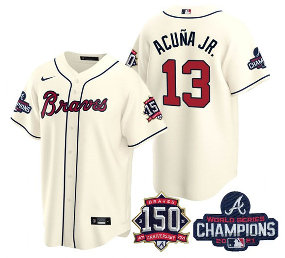 Men's Atlanta Braves #13 Ronald Acuña Jr. 2021 Cream World Series Champions With 150th Anniversary Patch Cool Base Stitched Jersey Men's Atlanta Braves #13 Ronald Acuña Jr. 2021 Cream World Series Champions With 150th Anniversary Patch Cool Base Stitched Jersey